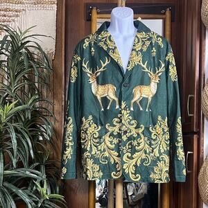 Stag Baroque Blazer Jacket Men L Green Gold Deer Print Christmas Party Statement